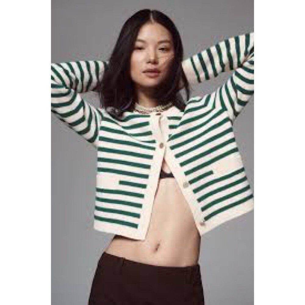 ANTHROPOLOGIE NVLT Size Medium Striped Sweater Lady Jacket Cardigan Green Ivory